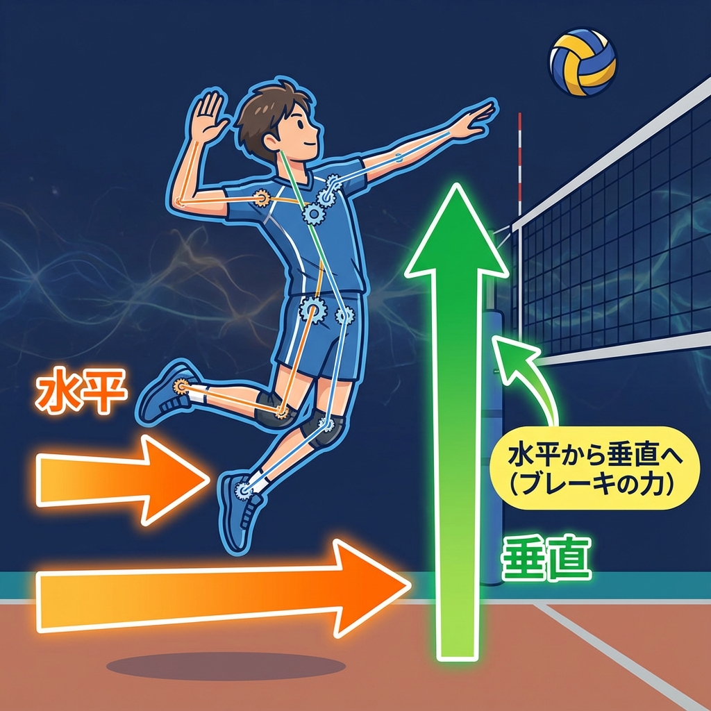 水平から垂直へ (ブレーキの力)